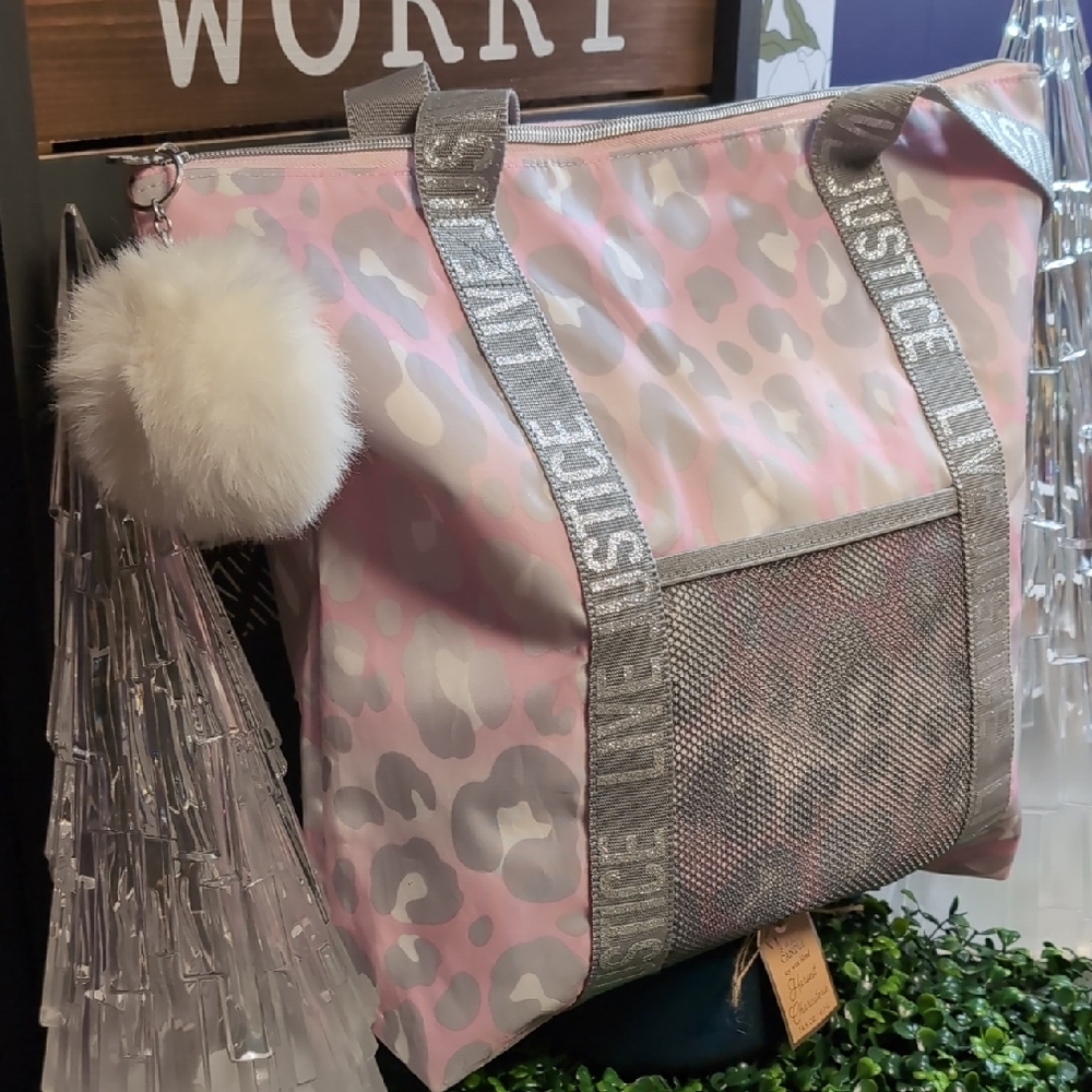 Justice Pink and Silver Tote with Leopard Print